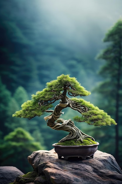 Impressive bonsai in its pot on a rock