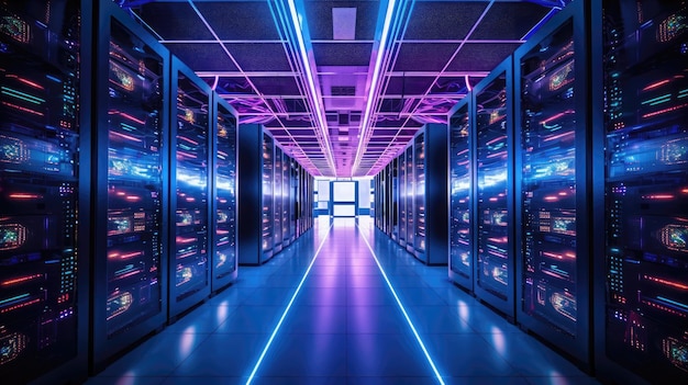 An impressive cuttingedge data center with rows of servers and multicolored LED lights Generative AI