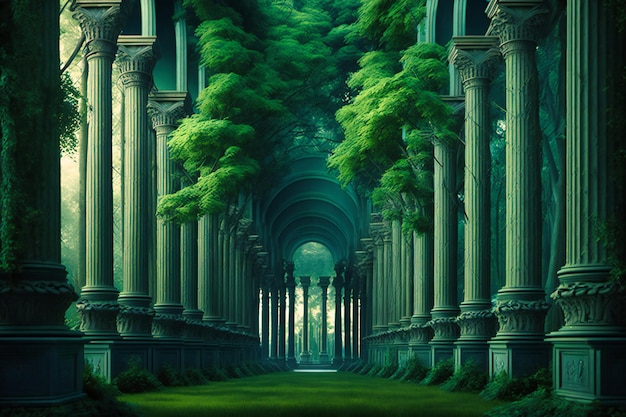 An impressive green forest canopy with tall trees rising like columns