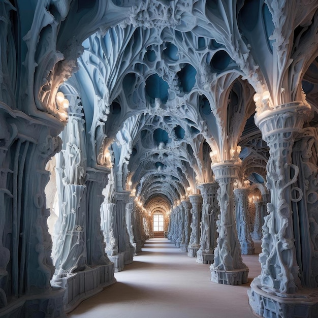 Impressive hallway adorned with white sculptures and lights