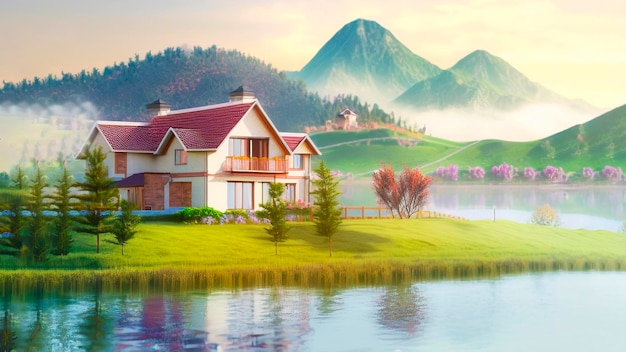 Photo impressive house by the lake reflected in the water countryside forest and farm field lake