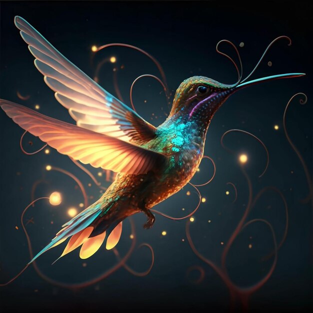 impressive hummingbird of translucent light flying in sidereal space