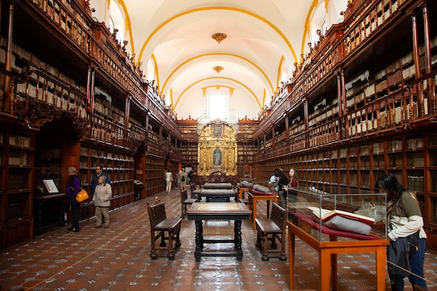 impressive interior of a historical library with bookshelves