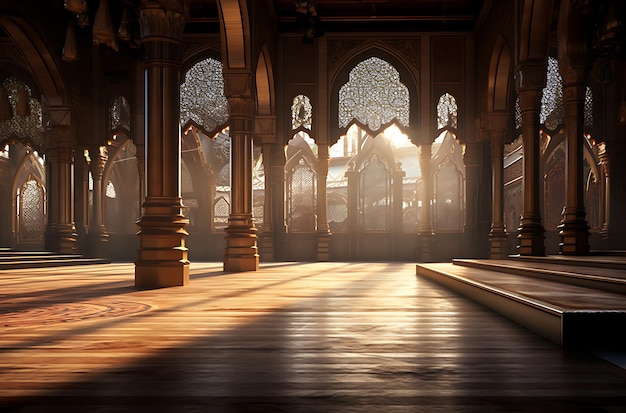 впечатляющий интерьер мечети с генеративным искусственным интеллектом на золотую и белую тему