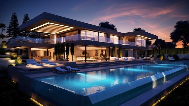 Impressive modern mansion with pool at dusk