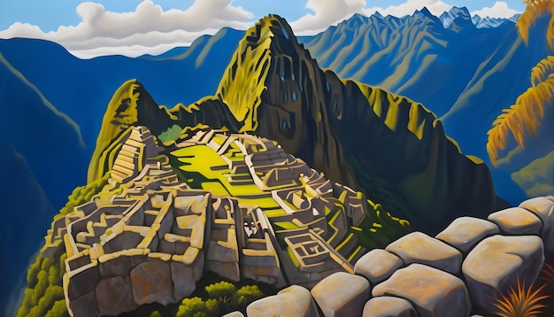 Foto impressionante pittura ad olio delle mistiche rovine di machu picchu