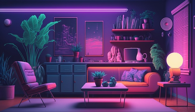 Impressive plant space neon living room interior design AI Generated image