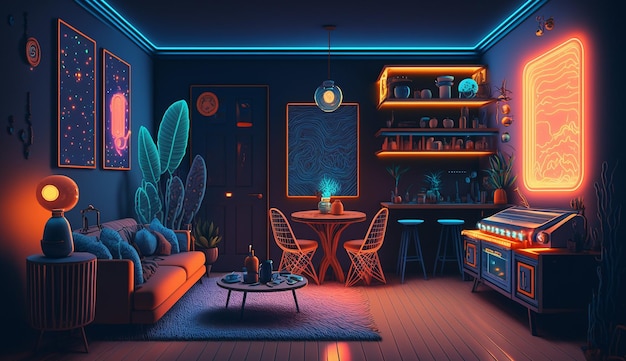 Photo impressive plant space neon living room interior design ai generated image