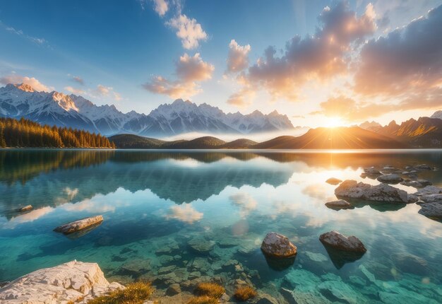 Impressive summer sunrise on Eibsee lake with Z