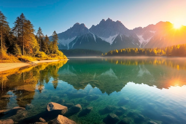 Impressive summer sunrise on eibsee lake with zugspitze mountain range