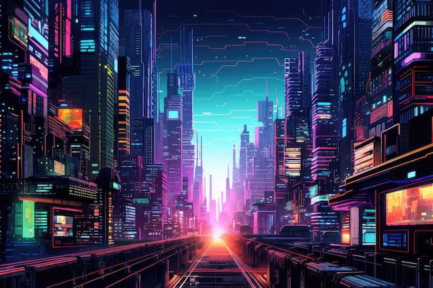 An impressive vision of a modern city with advanced architecture and a highspeed train running on its tracks A futuristic datadriven metropolis crafted from electric neon hues AI Generated