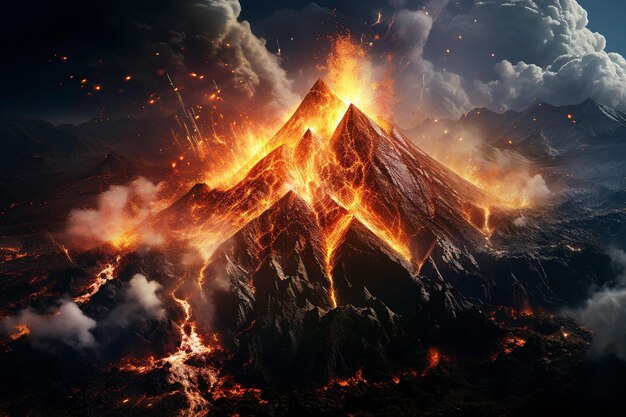 印象的な火山の噴火と溶岩の流れと灰の雲