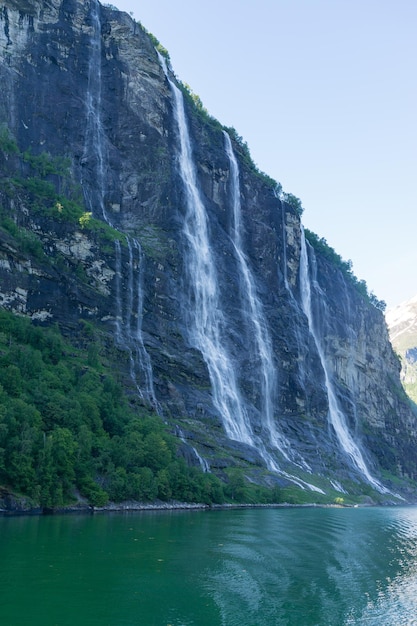 Impressive waterfall of the seven sisters in the Geiranger fjord in Norway