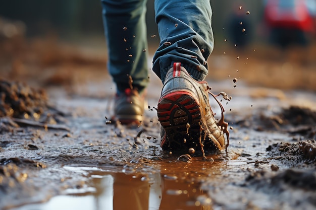 Imprint of the shoe on mud with copy space