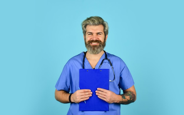 Improve your life. doctor with stethoscope. give some advice. Medicine concept. doctor on duty. therapist writing prescription. Medical nurse folder with documents. going to have look at patient.