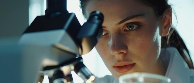Фото В лаборатории медицинской разработки белая женщина-ученый исследует образец чашки петри под микроскопом эксперты, работающие над биотехнологическими и медицинскими исследованиями в сложном