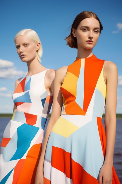 Фото В гипнотизирующем ярком цветовом ансамбле, вдохновленном геометрией, две молодые шведские девушки позируют