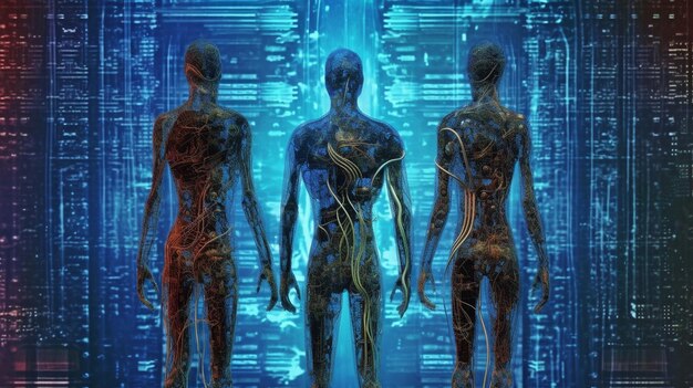 Фото На картинке, изображающей трудности сетевой безопасности, недостатки технологии и генеративного ии, три зомбиподобных существа прижимаются к стене компьютерной схемы.