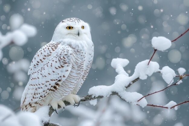 写真 冬の雪の場面で 白い冬のオオカミが木の枝に座った