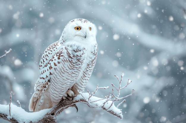 写真 冬の雪の場面で 白い冬のオオカミが木の枝に座った