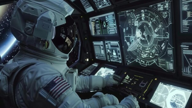 写真 宇宙ステーションでは宇宙飛行士が複雑なコントロールとディスプレイを直接ニューラルを通してナビゲートします