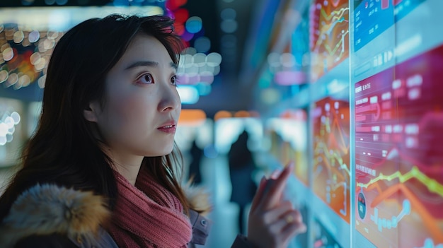 Фото В оживленной зоне умного города китайский эксперт по маркетингу анализирует потребительские тенденции, используя интерактивную цифровую стену, заполненную динамическими визуализациями данных.