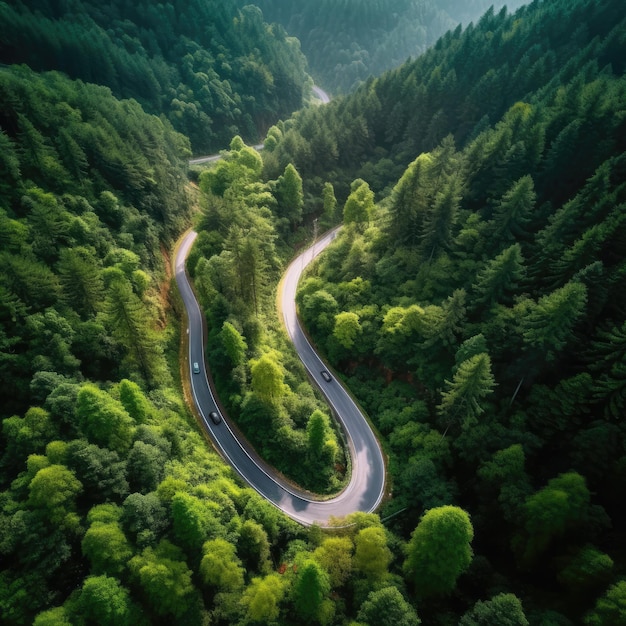 In bergachtige omgevingen met bergen zie je een afgelegen snelweg vanuit de auto rijden