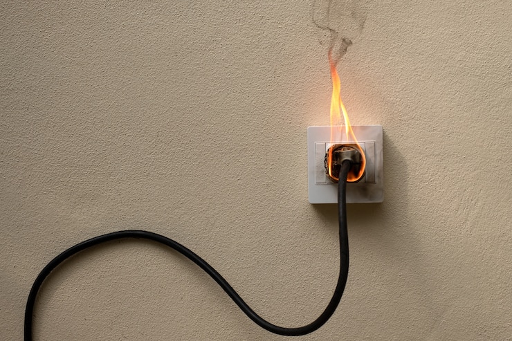 Foto in brand elektrische draad stekker vergaarbak op de betonnen muur blootgestelde betonnen achtergrond met kopie ruimte