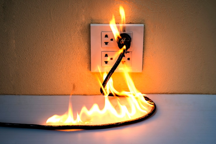 Foto in brand gestoken elektrische draadstekker receptacle wandpartitie