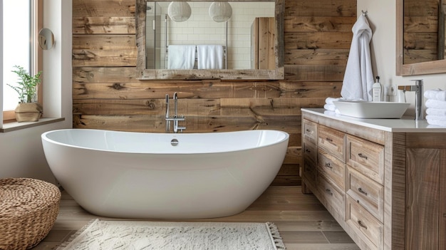 In de badkamer een houten ijdelheid met een verontruste afwerking is gekoppeld aan een slanke moderne vrijstaande