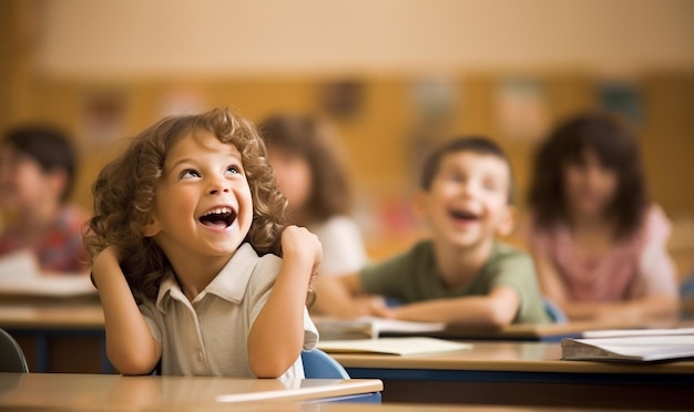 In de basisschool klas portret van kinderen die plezier hebben in de klas kamer lachen glimlachen junior