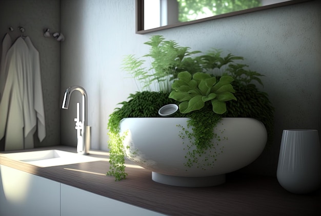 In de buurt van de wastafel in de badkamer zijn mooie groene plantencomponenten van het interieurontwerp
