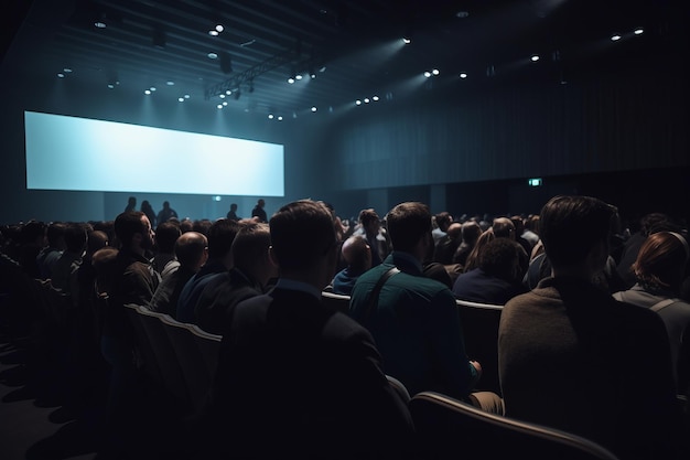 In de donkere zaal is er een uitzicht van de achterkant van de menigte van honderden mensen die zitten en kijken