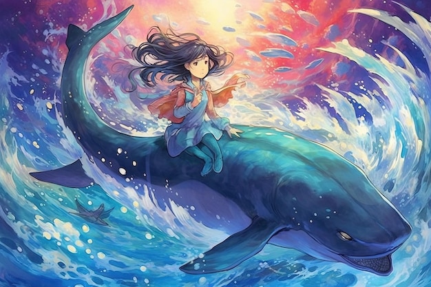 In de enorme uitgestrektheid van de oceaan komen mystieke wezens majestueuze walvissen en betoverende dolfijnen tevoorschijn die de golven omarmen met manga-geïnspireerde magische illustratie generatieve ai