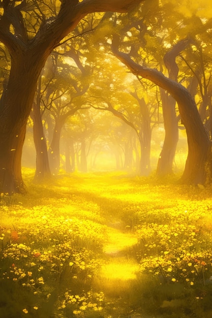 In de gouden herfst is er een oud bos met torenhoge bomen aan beide zijden van de weg.