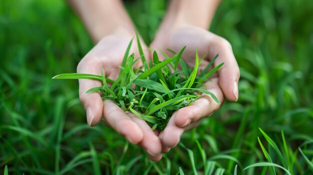 In de handen van een plant gras als achtergrond