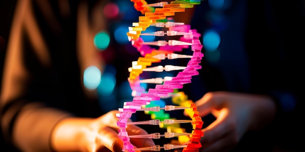 Foto in de handen van een wetenschapper is een 3d-model van de dubbele spiraal van dna de deelname van de onderzoeker aan genetisch en moleculair onderzoek