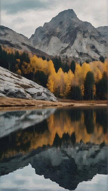 In de herfst weerspiegelt een serene meer de majestueuze berg en het omringende bos van geelbladige bomen