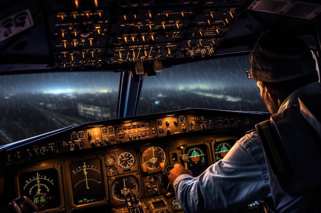 In de hightech cockpit van een vliegtuig navigeert een piloot vakkundig door een storm Generatieve AI