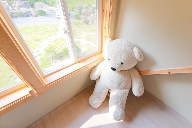 In de hoek van de kamer baadde een grote teddybeer in het licht