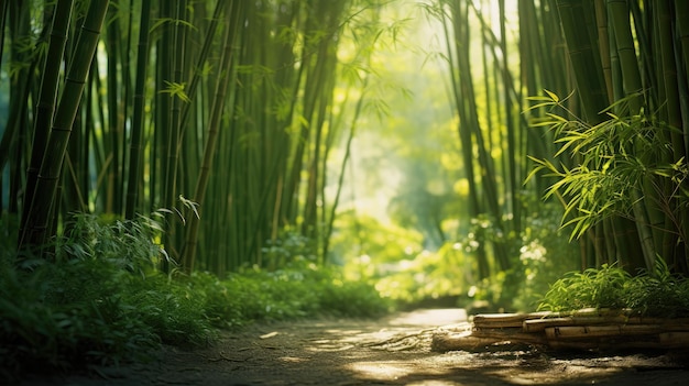 In de jungle Ervaar het weelderige groen van een bamboe bos vanuit een lage hoek waar torenhoge bomen een serene luifel creëren