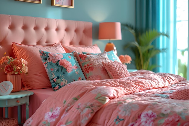 In de kamer staat een bed met roze tinten