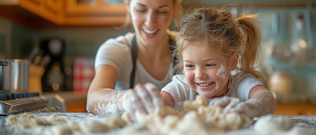 In de keuken werken moeder en dochter samen aan het bereiden van deeg voor hun favoriete familierecepten