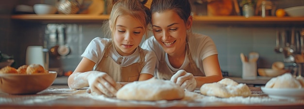 In de keuken werken moeder en dochter samen aan het bereiden van deeg voor hun favoriete familierecepten