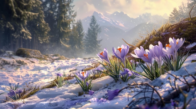 In de lente duiken sneeuwdruppels en voorjaarsbloemen uit onder de sneeuw de heldere zon verlicht de sneeuwen