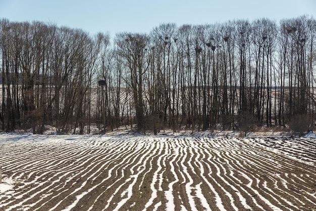 In de lente geploegd veld gedeeltelijk bedekt Wintersmeltende sneeuw Klaar voor het nieuwe seizoen