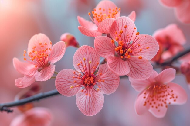 In de lente is een bloeiende zandkersenboom van dichtbij te zien