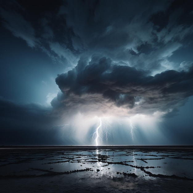 In de lucht boven het water is een bliksemschicht te zien.