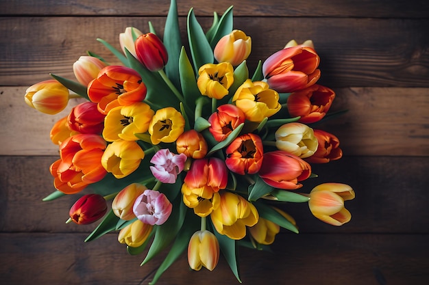 In de lucht een boeket oranje en gele tulpen over een rustieke houten tafelplaat.