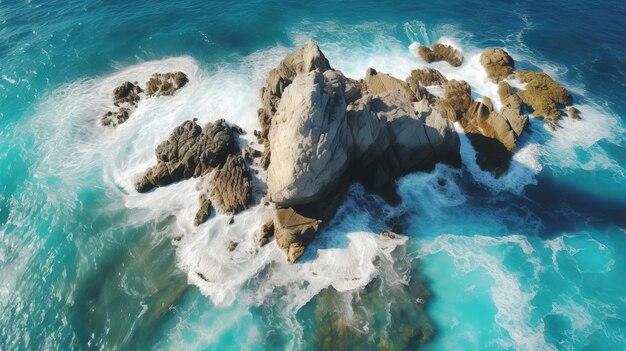 In de lucht zien Kolossaal rotsblok interne delen de zee Witte schuimende golven wassen de steen van alle kanten Sheersetting kust AI Gegenereerd